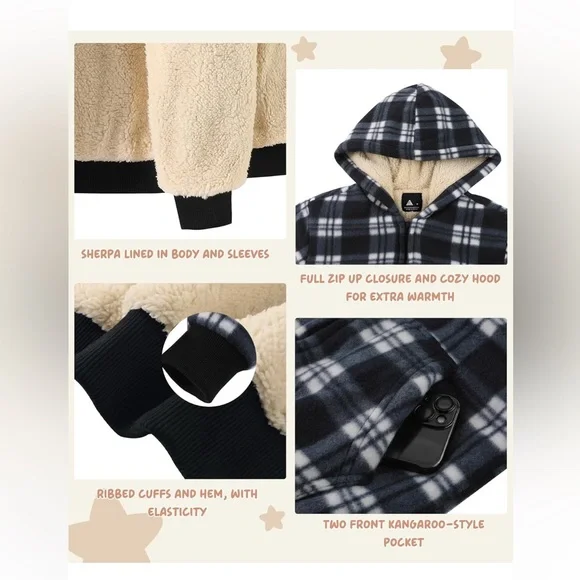 Plaid Sherpa Hooded Kids Jacket - Picture 4 of 5